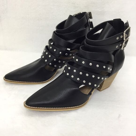 BEAST FASHION Black Studded Cutout Buckle Strap Pointy Toe Ankle Booties Sz 9 - Picture 3 of 10